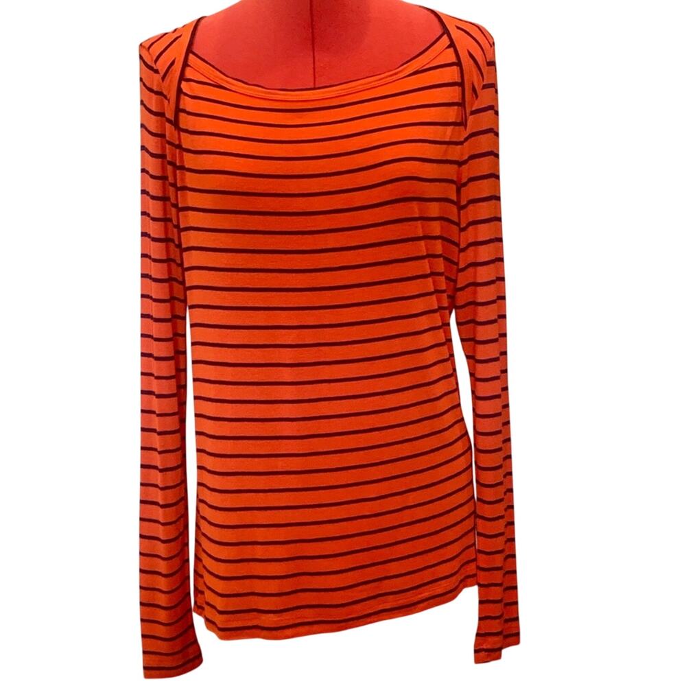QMack Orange & Black Striped Top Women’s Large Stretch Knit Long Sleeve Shirt